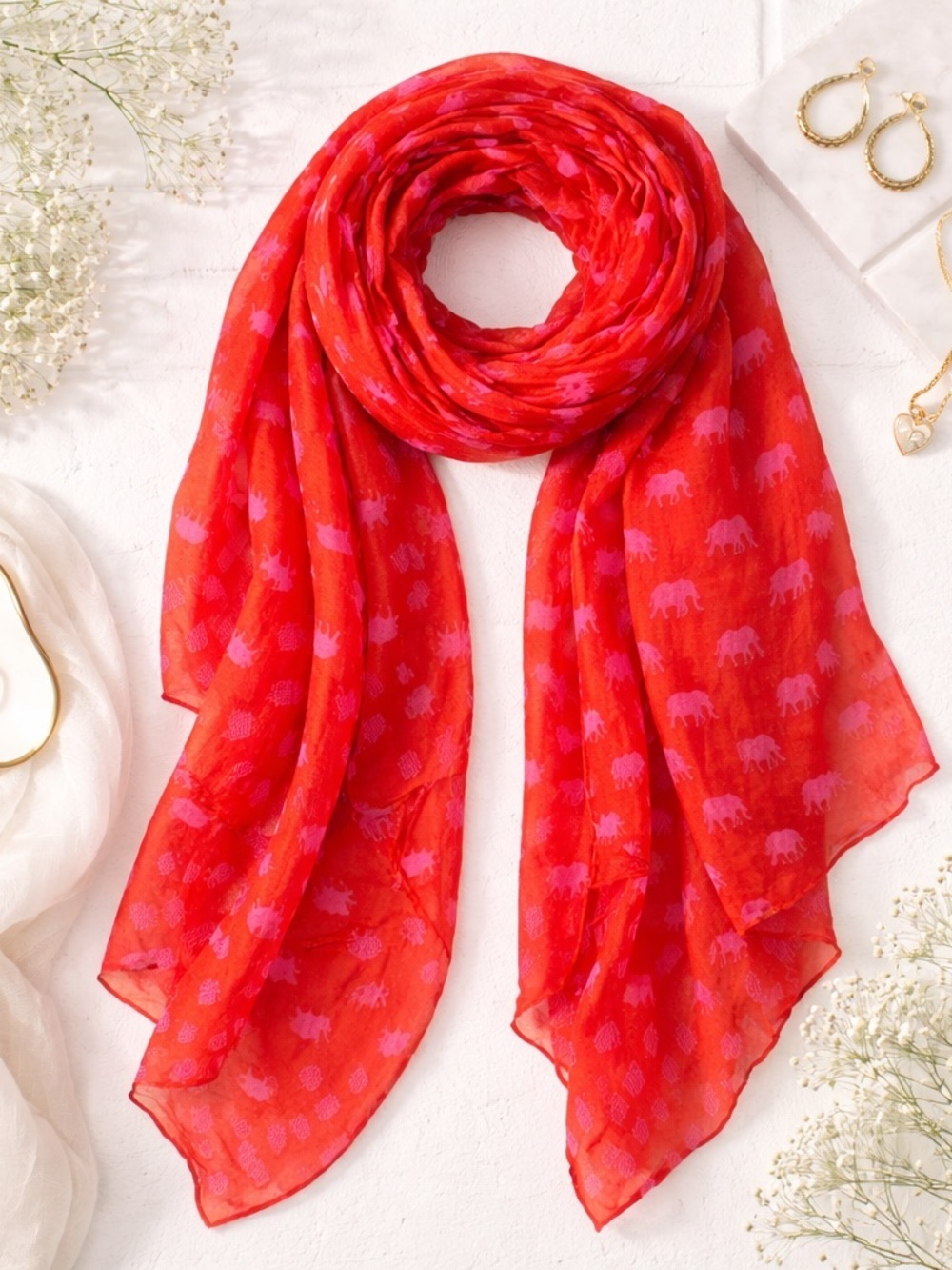 Stella & Dot Orange Wrap Scarf with Pink Elephant Motif Lightweight 36x72